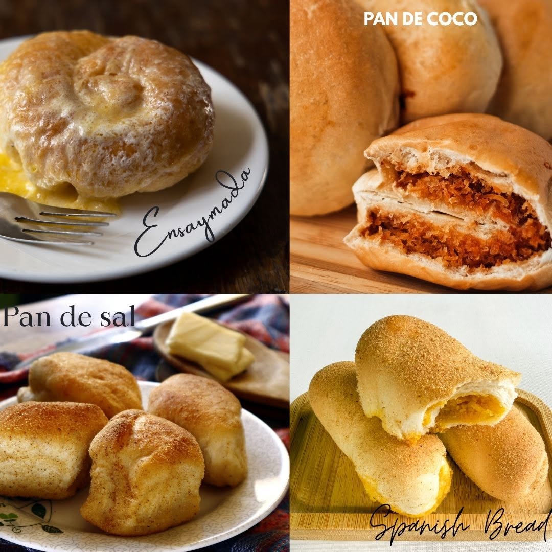 Collage of Filipino breads: ensaymada, pan de coco, pan de sal and Spanish bread