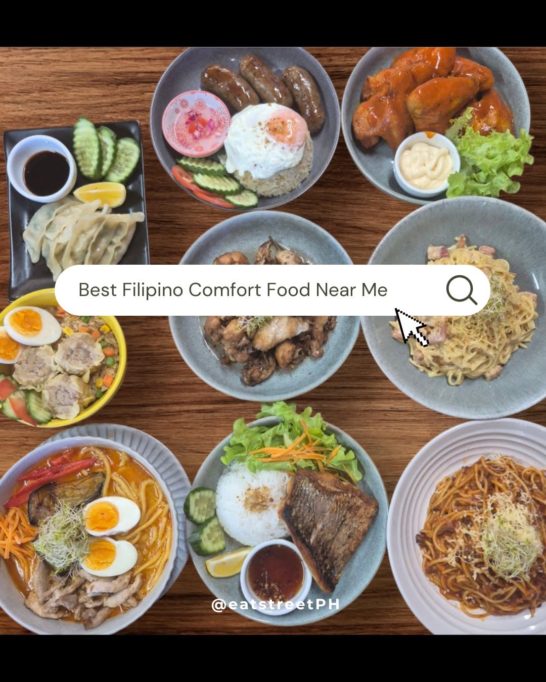 Filipino dishes served on a wooden table, including rice meals, noodles and spaghetti